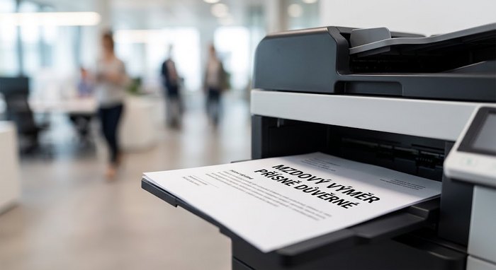 Ve výstupním zásobníku kancelářské tiskárny leží dokument s nadpisem Mzdový výměr – přísně důvěrné, v pozadí procházejí lidé