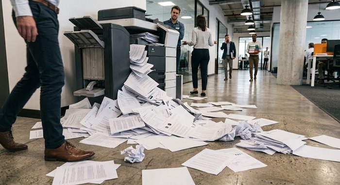Kancelářská tiskárna a hromada vytištěných papírů, kolem kterých procházejí lidé, aniž by si jich všímali